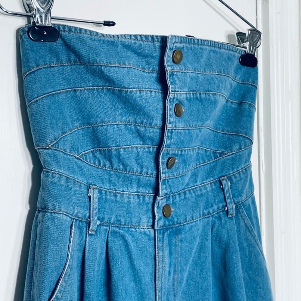Denim Strapless Romper Button Front 90s Western Country Summer Picnic Size Small